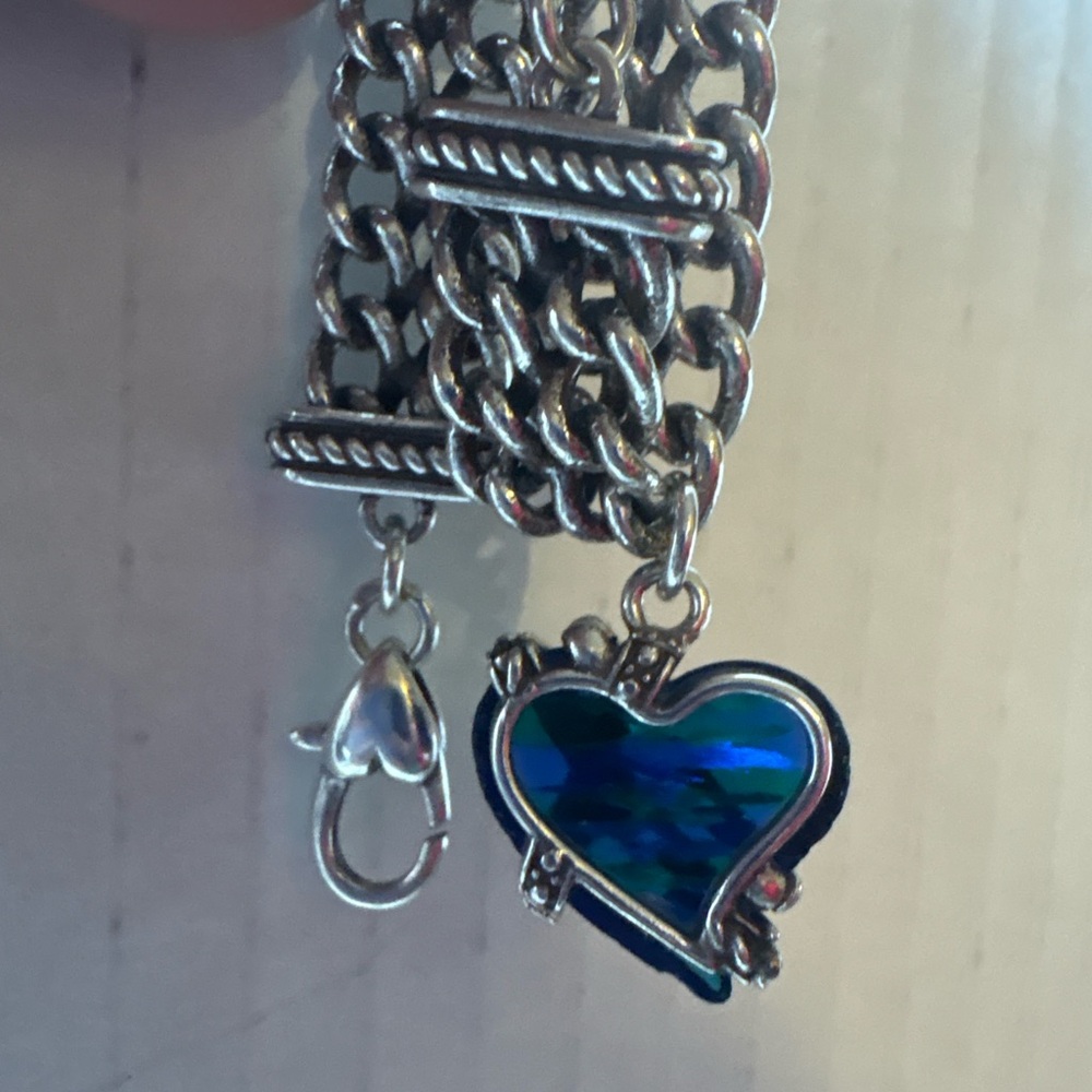 Brighton Silver Tone Triple Chain Bracelet Blue Green Heart Charm - Picture 7 of 8